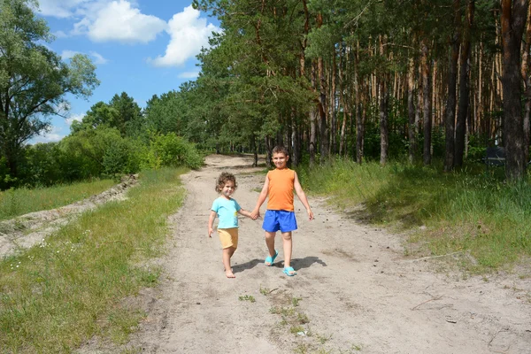 En el bosque en el camino día soleado brillante ir un niño pequeño y g —  Fotos de Stock