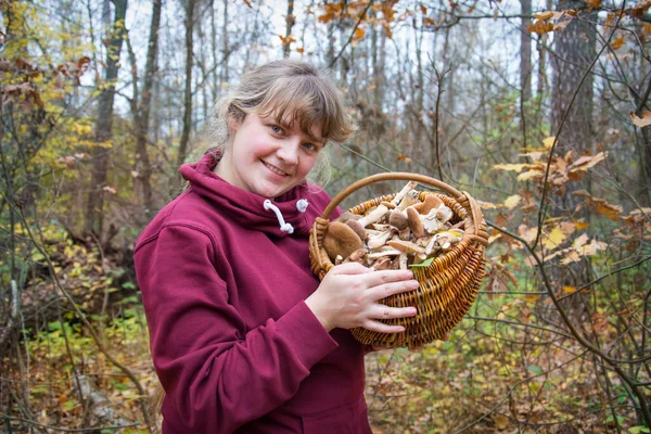 Automne Par Une Journée Ensoleillée Une Fille Avec Panier Champignons — Photo