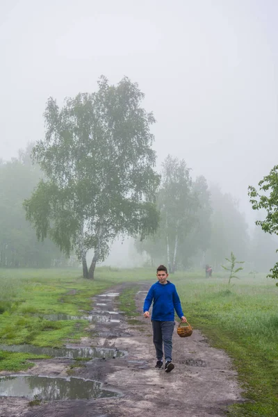 Tidigt Morgonen Dimman Går Svampplockare Pojke Med Korg Längs Vägen — Stockfoto