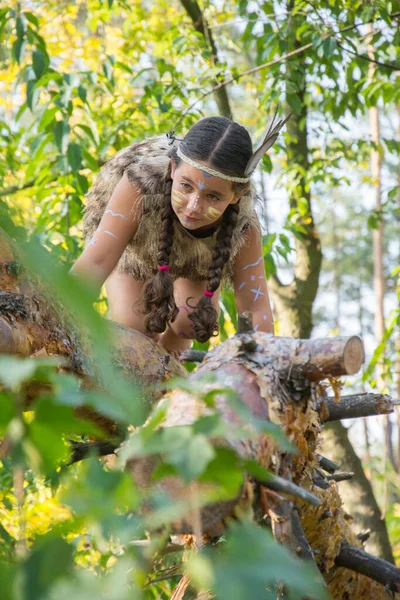 Summer Bright Sunny Day Forest Little Indian Girl — Stock Photo, Image