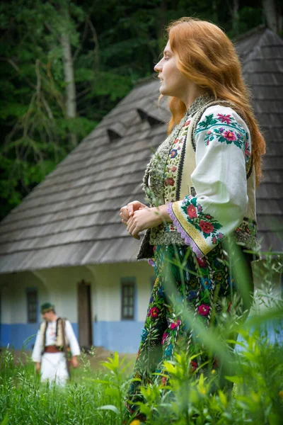 Summer Girl Authentic Ukrainian National Costume Wreath Poses Backdrop Hut — Stock Photo, Image