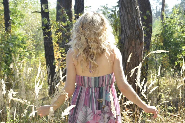 In the autumn forest on a glade curly girl in tall grass in the — Stock Photo, Image