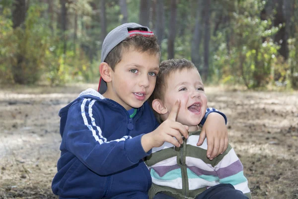 森の中、弟を抱きしめ、妹と何かテ — ストック写真