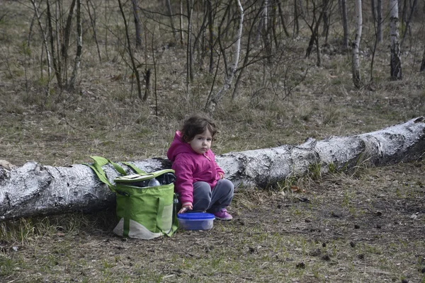 Holčička na jaře sedí v lese na kládě. — Stock fotografie