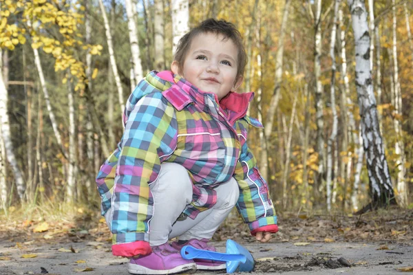 小さな女の子が、秋の空気に地面を掘るシャベルで遊んで — ストック写真