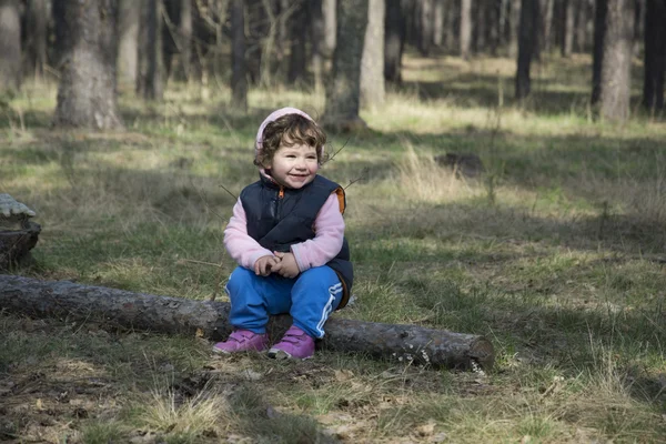 In the spring of a little girl sitting on a log in the forest.