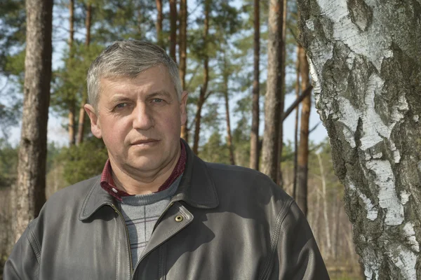 Vuxen man står i skogen nära Björk. — Stockfoto