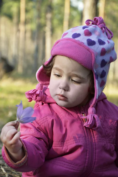 La bambina nel bosco guarda da vicino un fiore . — Foto Stock