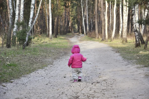 Voorjaar in het forest meisje wandelen langs de weg. Rechtenvrije Stockfoto's