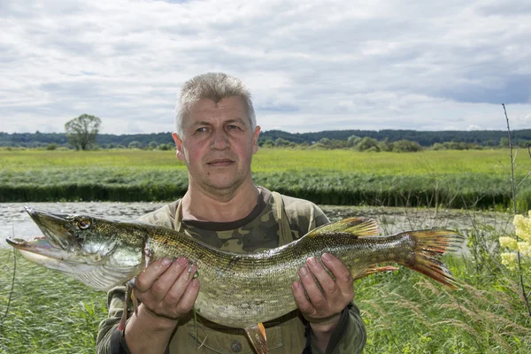 Verano un hombre se para cerca del lago y sostiene un lucio grande . — Foto de Stock