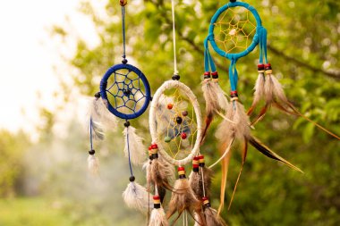 Gün batımında fotokopi alanı, sembol, gelenek ve işaretlerle düş kapanı. Boho stil yakalayıcıları rüzgarda gelişir, fotokopi alanı, sembolü, geleneği, işaretleri olan bitkilerin bulanık yeşil arka planına karşı. boho tarzı.