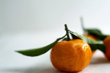 Hafif arka planda yaprakları olan üç olgun mandalina. Boşluğu kopyala.