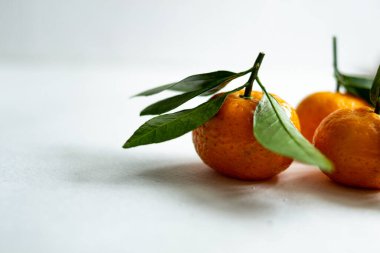 Hafif arka planda yaprakları olan üç olgun mandalina. Boşluğu kopyala.