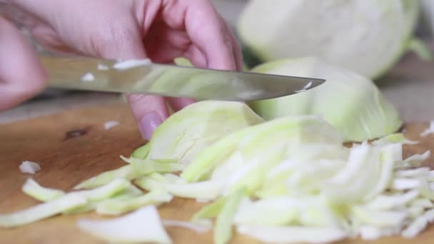 Una mano de mujer corta la col con un cuchillo. Comida para cocinar, primer plano — Vídeo de stock