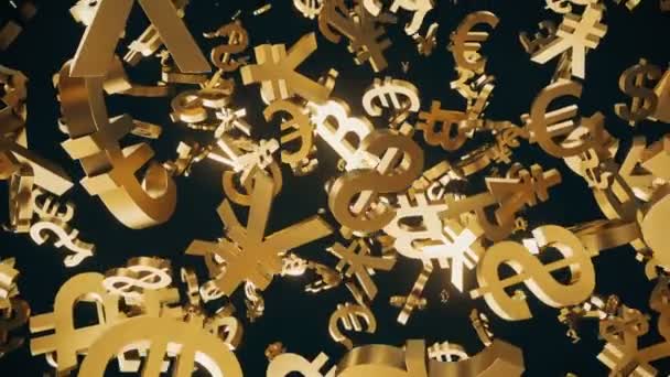 Золоті Валюти Біткоїни Символи Плавають Чорному Фоні Петлі — стокове відео