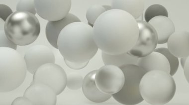 Beyaz, parlak ve metal 3D küreler yana doğru hareket ediyor 