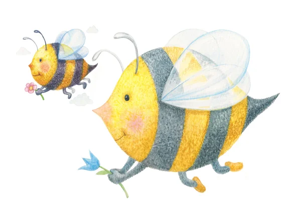 Cute bees cartoons, watercolor. — Stock Photo, Image