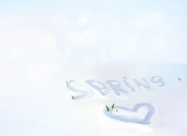 Fondo de primavera, caligrafía sobre nieve — Vector de stock