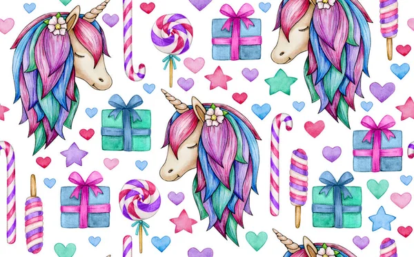 Cute, seamless unicorn pattern, isolated on white. Watercolor illustration.
