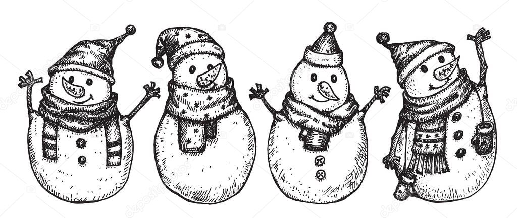 Vector funny snowmen cartoons, isolated on white. Hand drawn illustration.