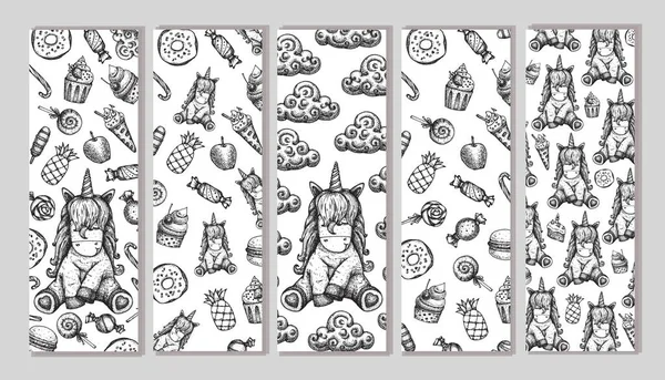 Vector Set Unicorns Sweets Pattern Unicorns Bookmarks Hand Drawn Illustration — Stock Vector