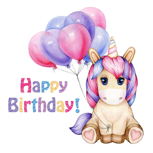 Happy Birthday greeting card. Cute Unicorn with balloons.