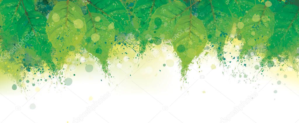 Vector abstract green leaves border. Grungy nature background.