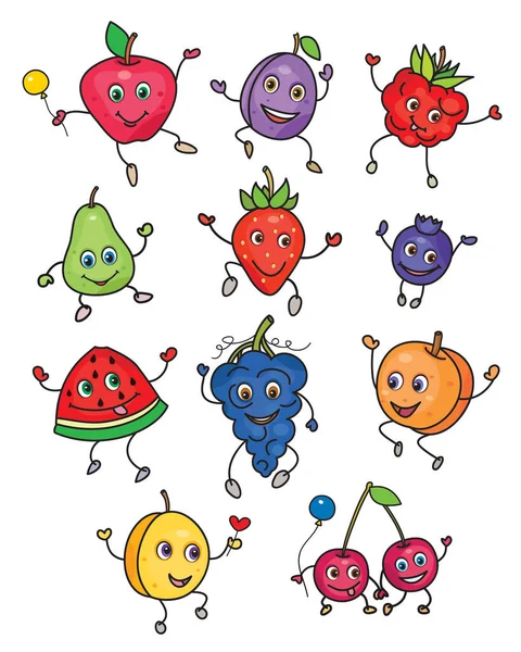 Vector Cute Fruits Berries Cartoons — Stock Vector