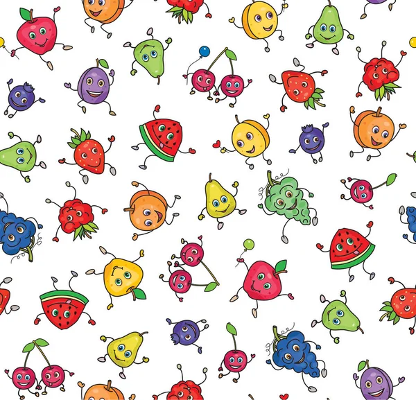 Vector Fun Cute Fruits Berries Cartoons Seamless Pattern Isolated — Stock Vector