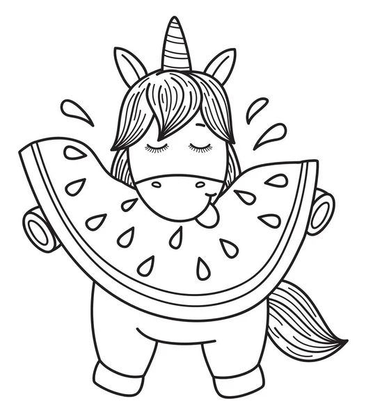 Vector Little Unicorn Cartoon Eating Watermelon Black Silhouettes Kid Coloring — Stock Vector