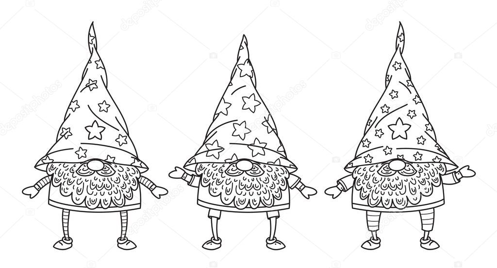 Vector  cute gnomes cartoons, black  silhouette isolated on white for  kids coloring.