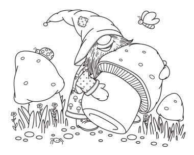 Büyük mantar tutan sevimli cüce vektör, siyah siluet çocukları boyamak için beyaza izole edilmiş..