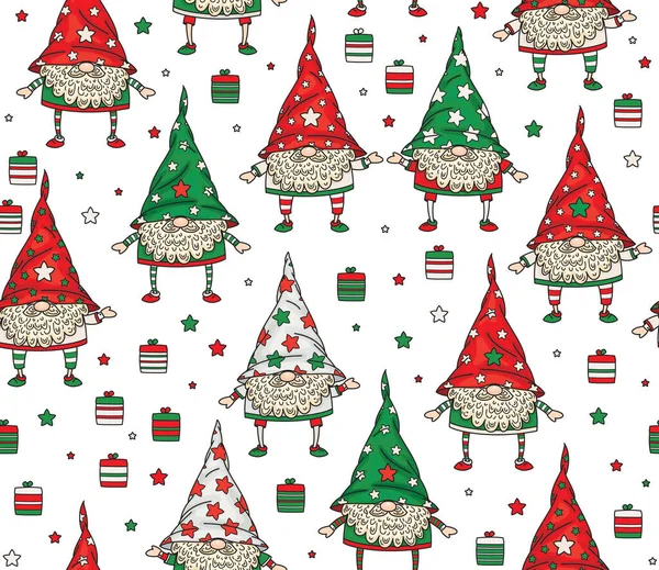 Vector Christmas Seamless Pattern Funny Gnomes Cartoons Isolated White — Stock Vector