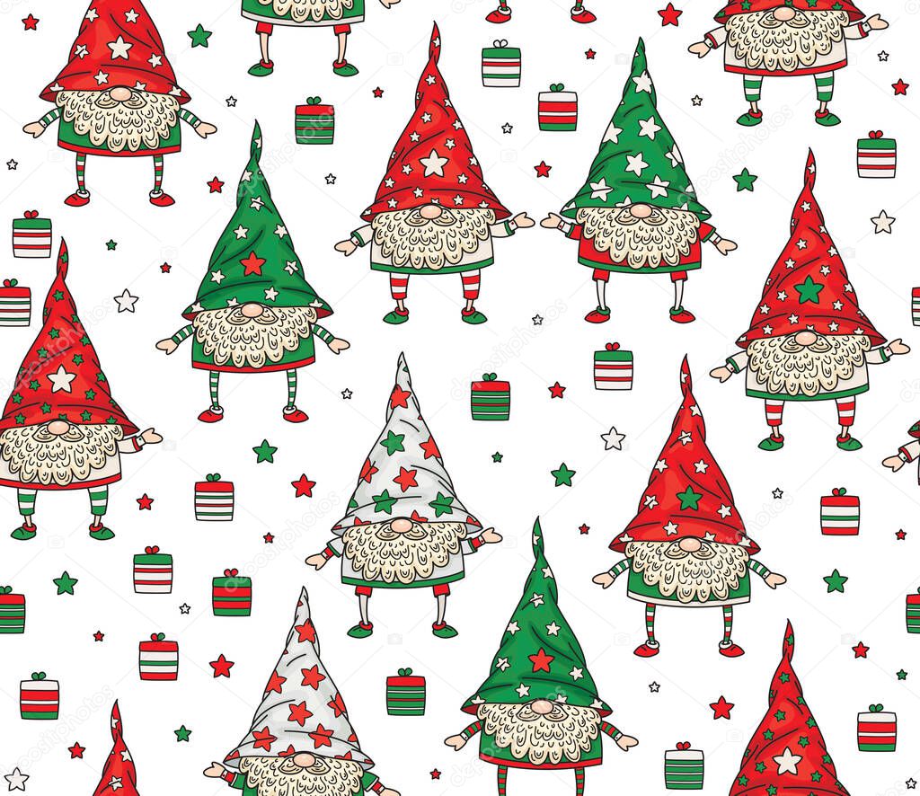 Vector Christmas seamless pattern of funny gnomes cartoons,  isolated on white.