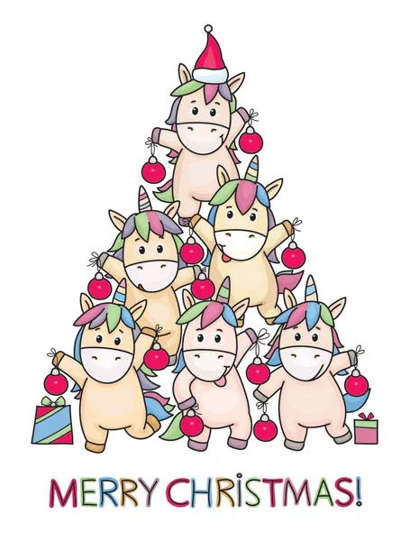 Vector Unicornios Divertidos Sosteniendo Bolas Árbol Navidad Unicornios Feliz Tarjeta — Archivo Imágenes Vectoriales
