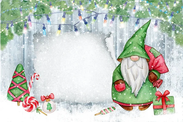 Kerst Gnome Cartoon Wenskaart Voor Wintervakantie Vrolijk Kerstkaartje — Stockfoto