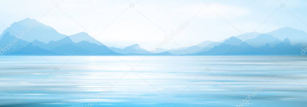 Vector blue sea water and mountains  background.