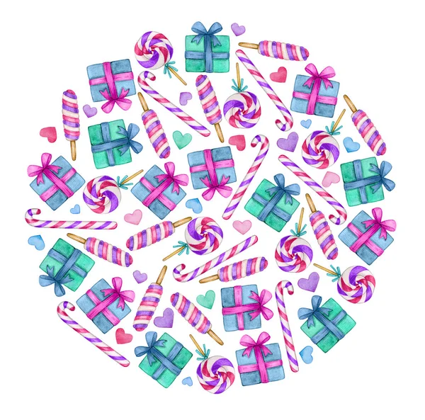 糖果和礼物 假日圆圆的形状 孤立在白色 水彩画 — 图库照片