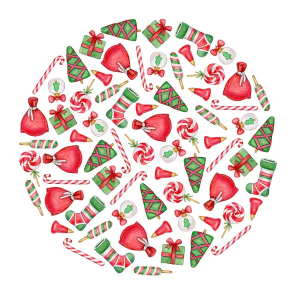 Weihnachtssymbole Runde Form Isoliert Auf Weiß Aquarellillustration — Stockfoto