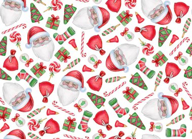 Kusursuz bir Noel deseni. Noel sembolleri arka planda, beyaza izole edilmiş. Suluboya çizimi.