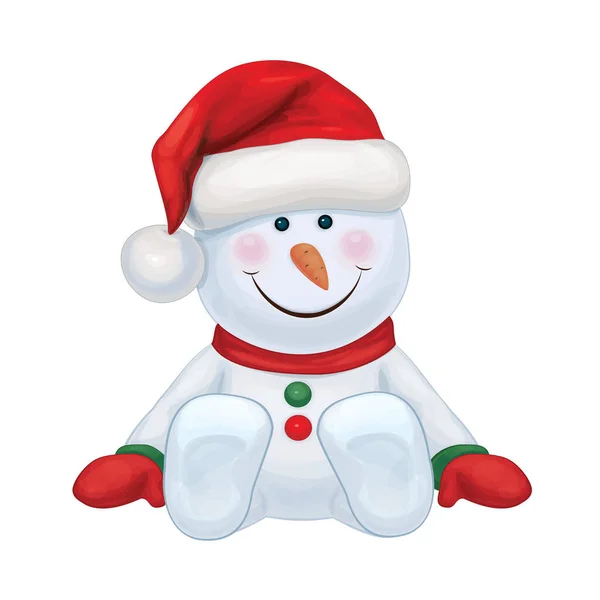 Vector Sitting Snowman Cartoon Cute Snowman Santa Cap — Stock Vector
