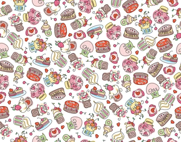 Vector Sweets Seamless Pattern Sweet Cupcakes Background Isolated White — Stock Vector