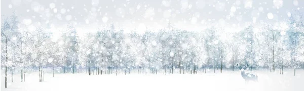 病媒雪地 冬季景色与鹿和森林背景 冬季景观 — 图库矢量图片
