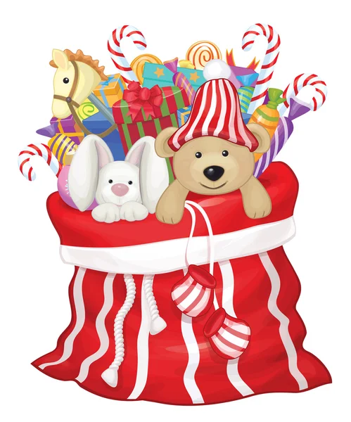 Saco de Papai Noel com brinquedos e presentes . — Vetor de Stock