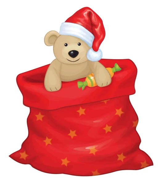 Saco de Papai Noel com urso brinquedo —  Vetores de Stock