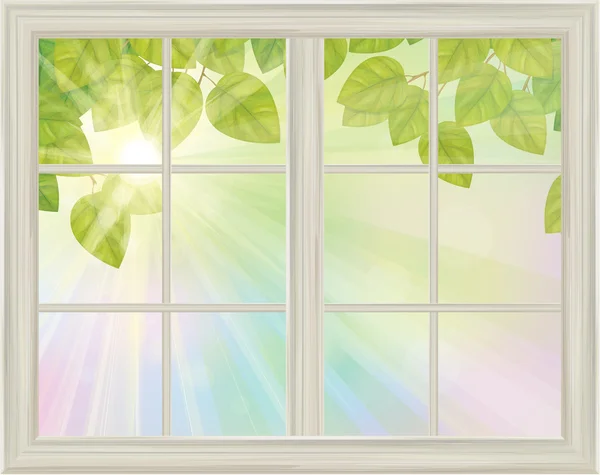 Ventana con hojas verdes — Vector de stock