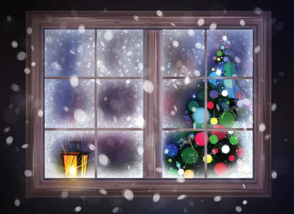 Okno s vánoční strom a Lucerna — Stock fotografie