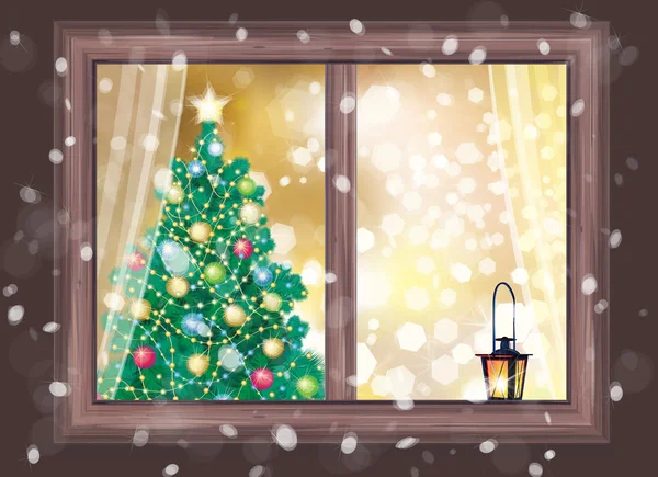 Ventana con árbol de Navidad y linterna — Vector de stock