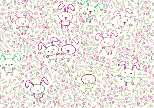 Pattern with rabbits and flora. — Stock Vector