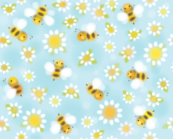 Seamless cute pattern chamomiles and bees — Stock Vector